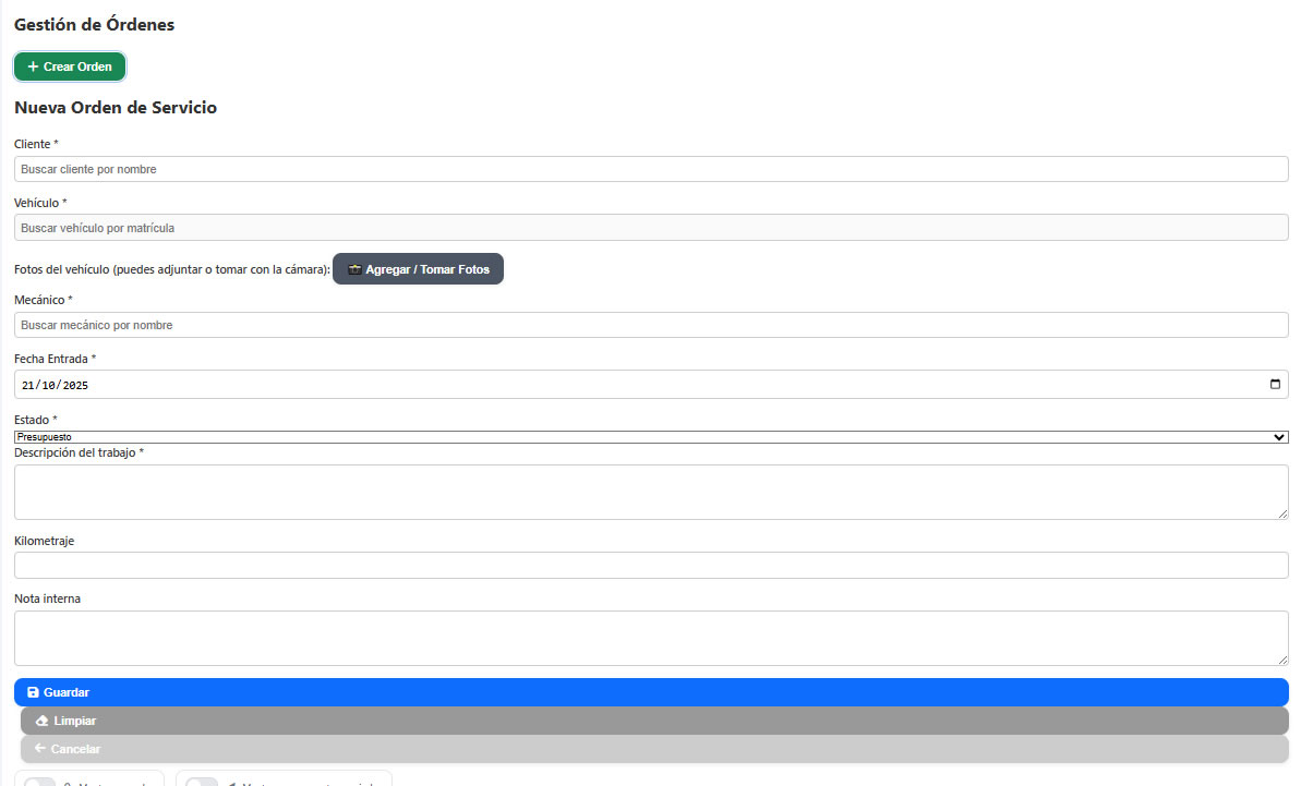 Nueva orden con cliente, vehículo y estado